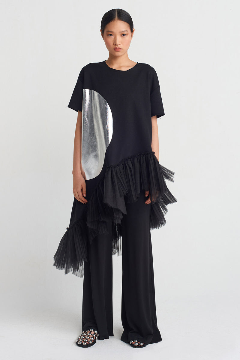 NU Pleated Hem, Printed Blouse Black - Silver