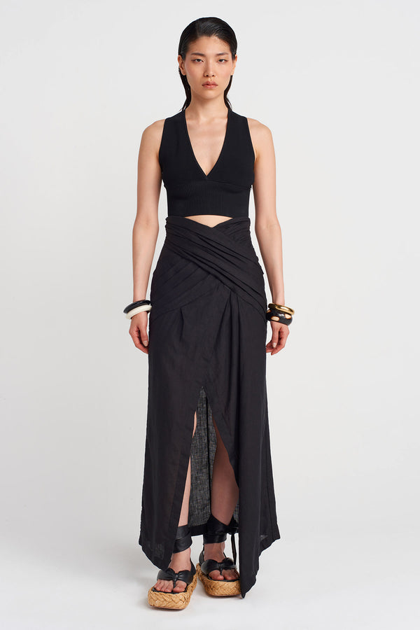 NU Linen Skirt With Draped Waist Black