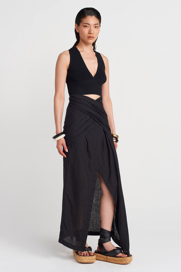 NU Linen Skirt With Draped Waist Black