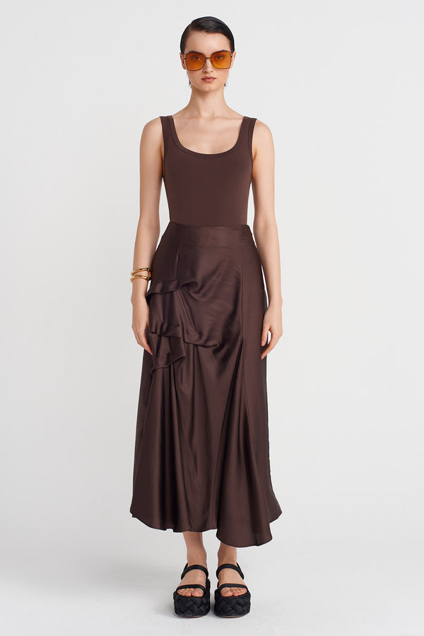 NU Satin Skirt With Pleated Details Chocolate Brown