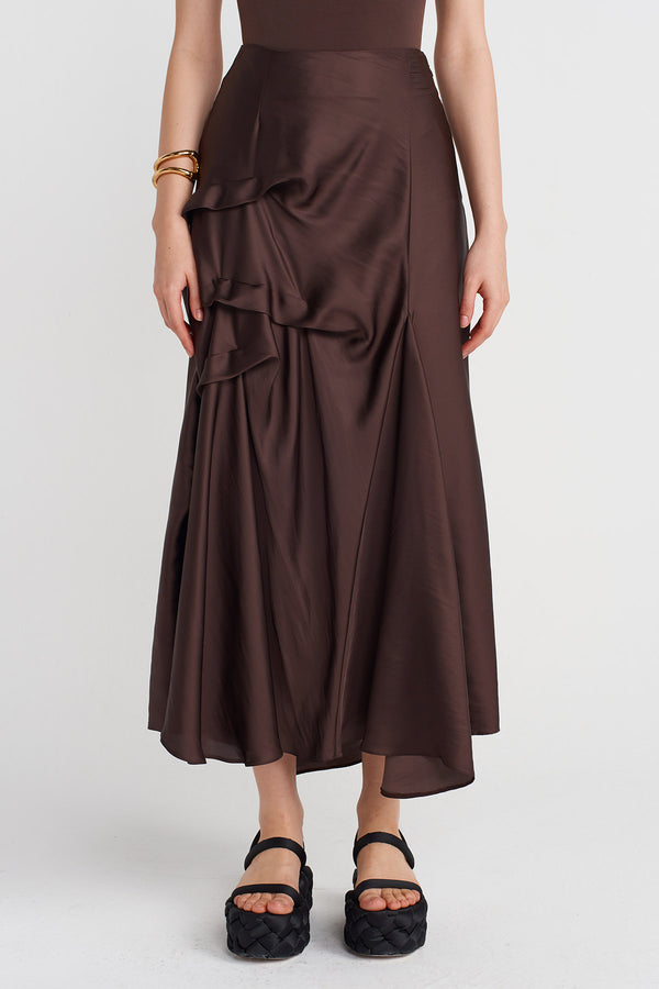 NU Satin Skirt With Pleated Details Chocolate Brown