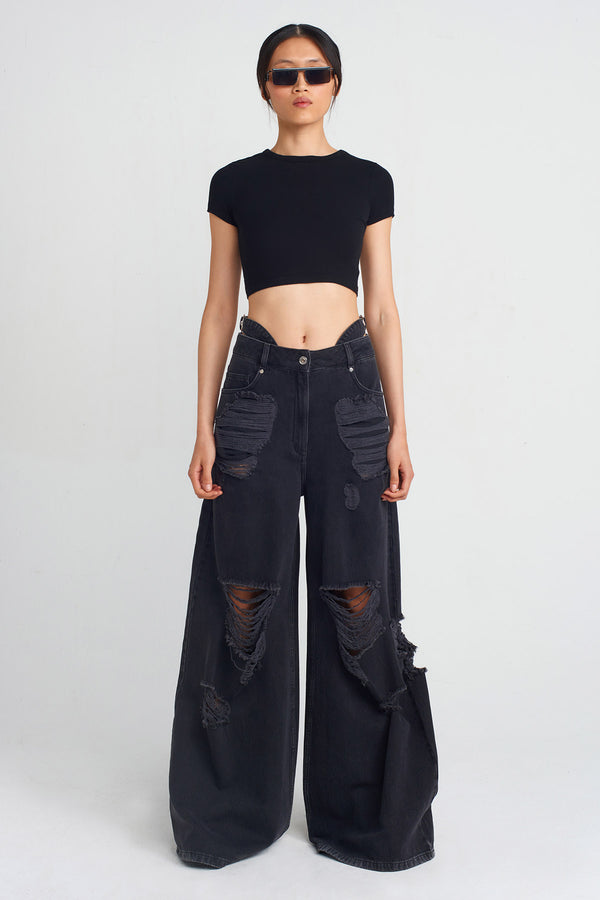 NU Distressed Detail Denim Pants Black