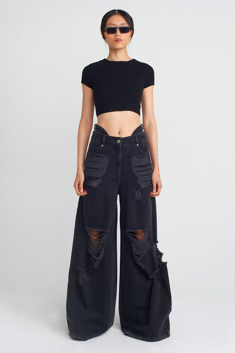NU Distressed Detail Denim Pants Black