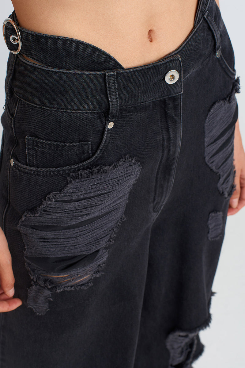NU Distressed Detail Denim Pants Black