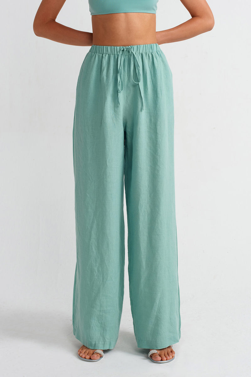 NU Linen Satin Stripe Pants Turquoise