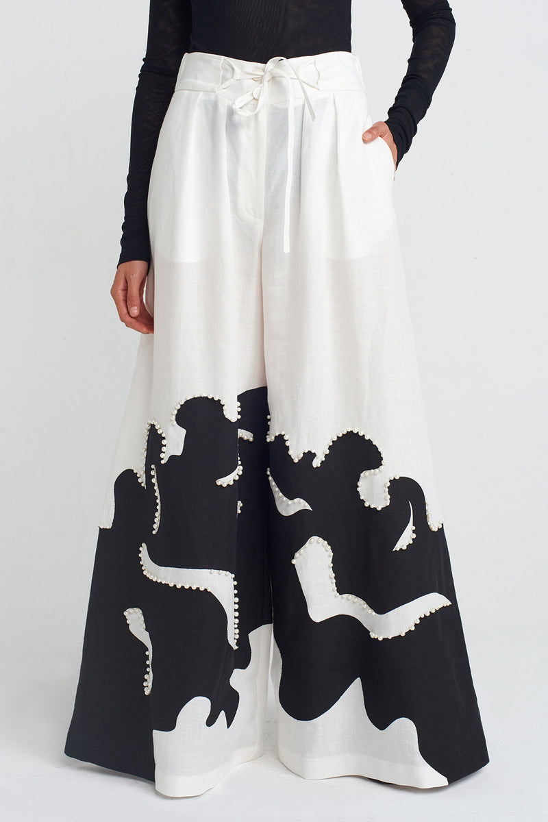 NU Printed And Pearl Embellished Pants Off White/Black