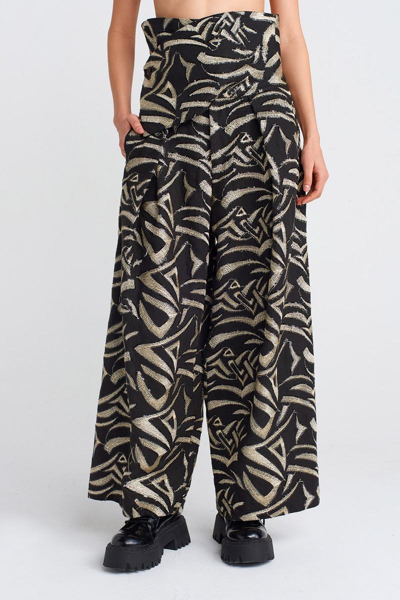 NU High-Waisted Gold Embroidered Pants Black