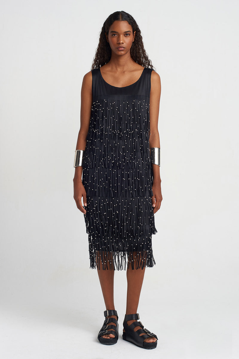 NU Fringed Pleated Dress Black