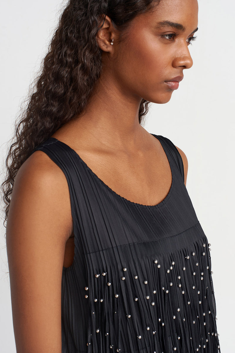 NU Fringed Pleated Dress Black