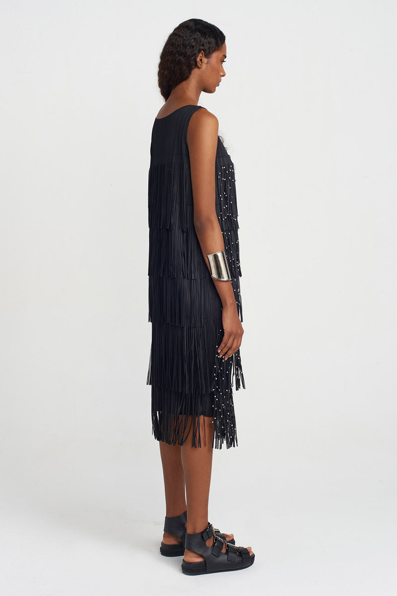 NU Fringed Pleated Dress Black