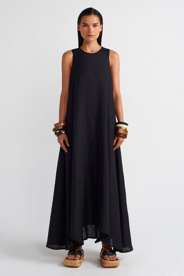 NU Pocketed Long Linen Dress Black