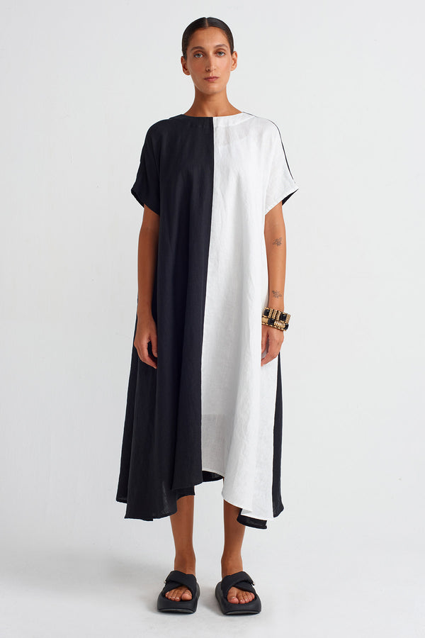 NU Color Block Linen Dress Black/Offwhite