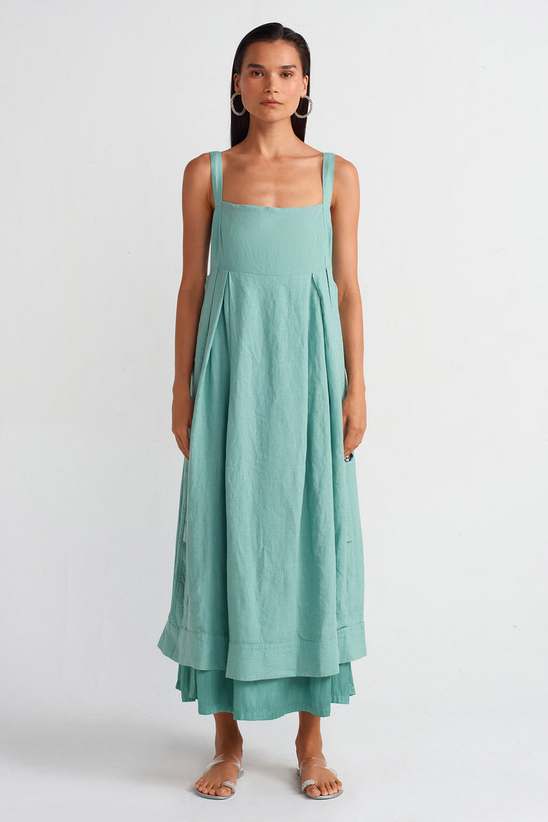 NU Strappy Linen And Satin Combination Dress Turquoise