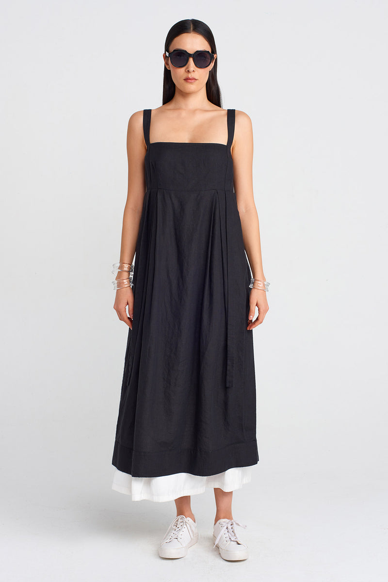 NU Strappy Linen And Satin Combination Dress Black/Offwhite