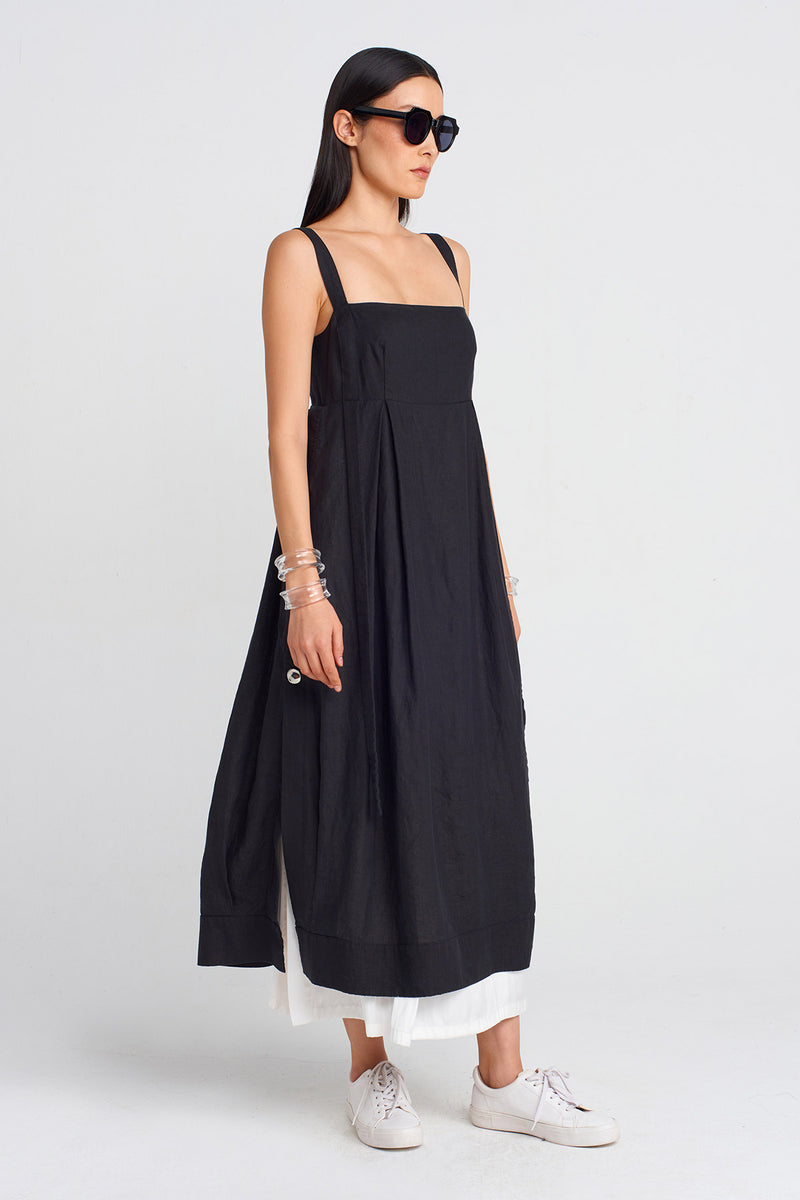NU Strappy Linen And Satin Combination Dress Black/Offwhite