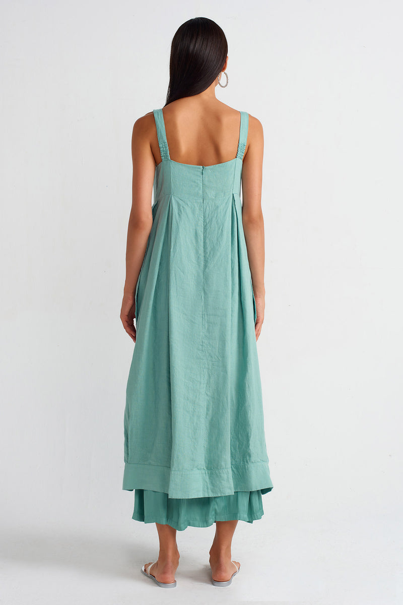 NU Strappy Linen And Satin Combination Dress Turquoise