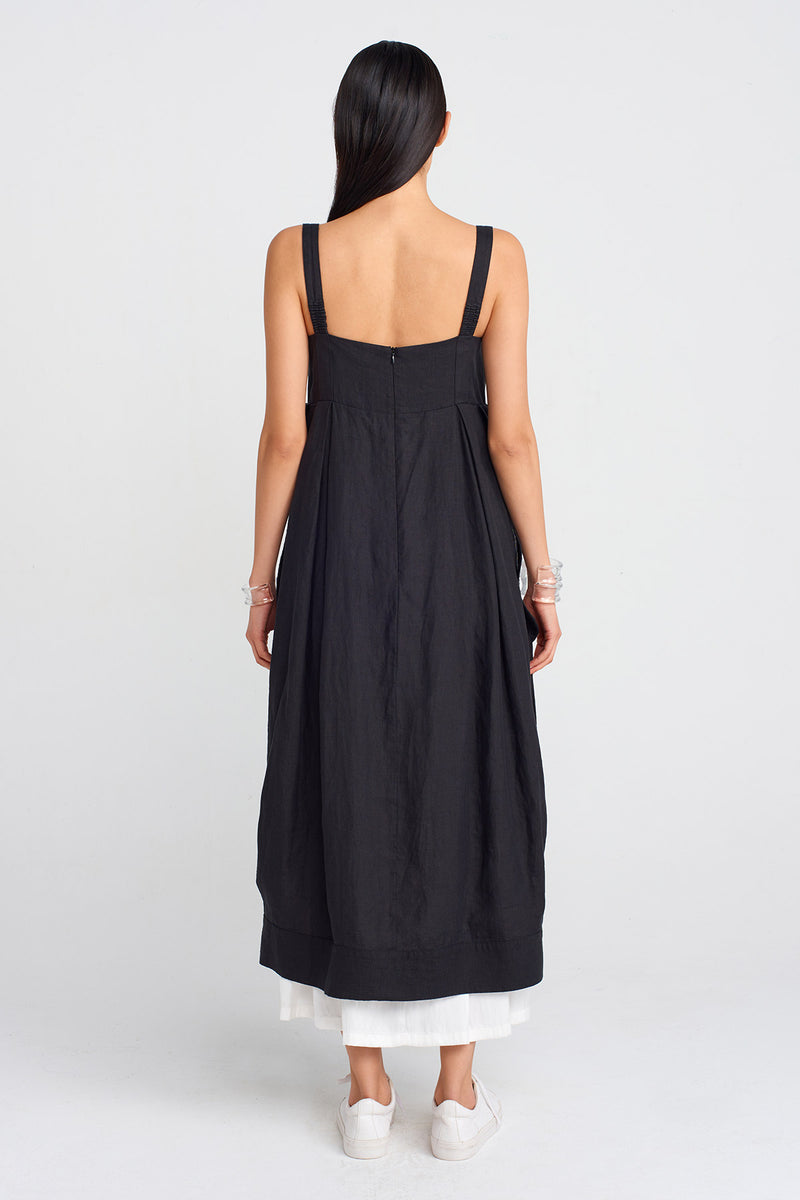 NU Strappy Linen And Satin Combination Dress Black/Offwhite