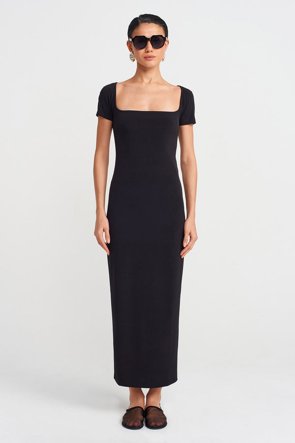 NU Square Neck Tight Jersey Dress Black