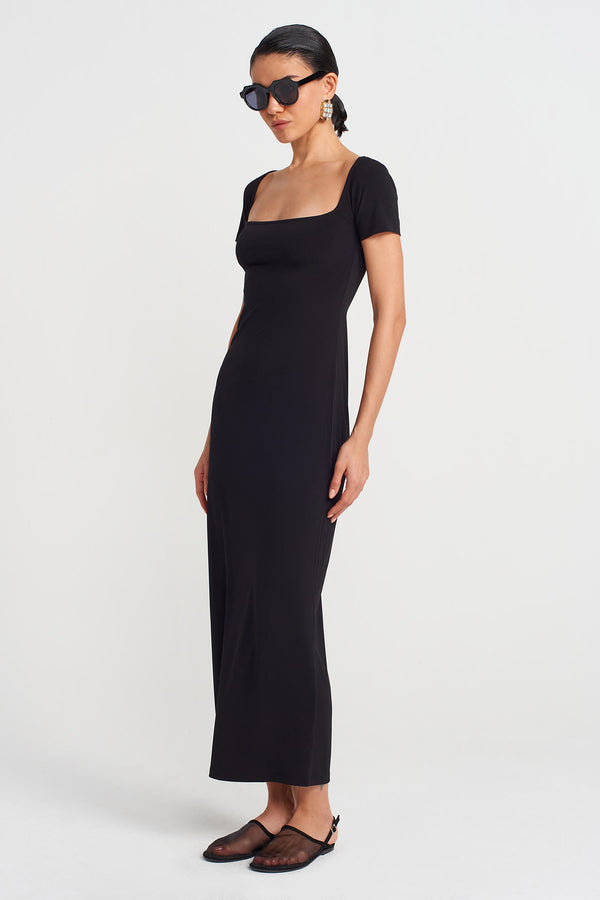 NU Square Neck Tight Jersey Dress Black