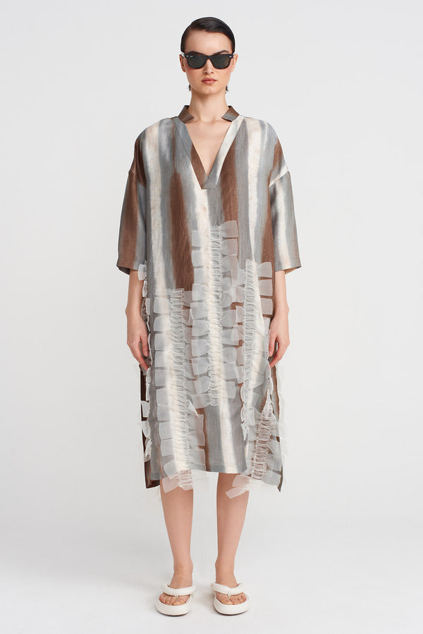 NU Printed V-Neck Dress Brown/White