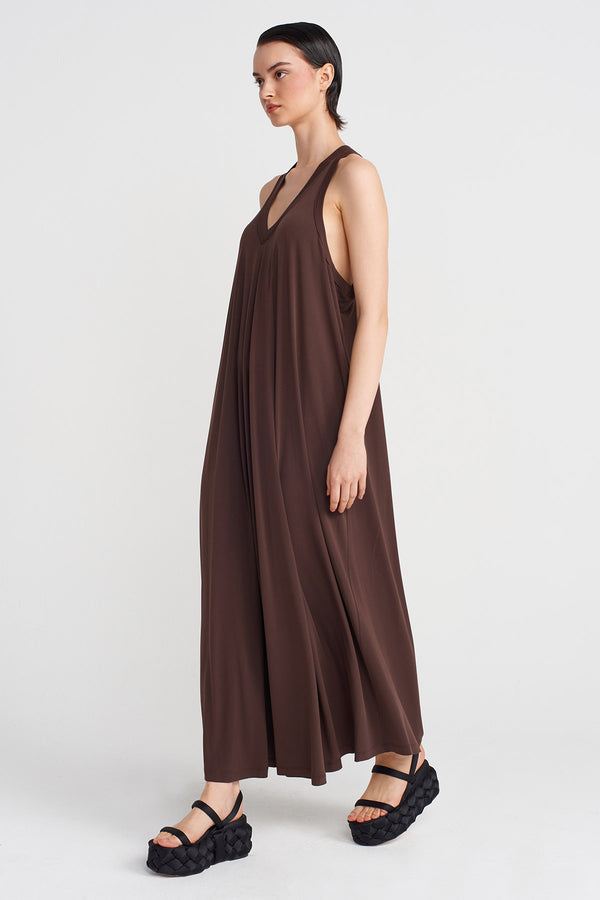 NU V-Neck Long Jersey Dress Chocolate Brown