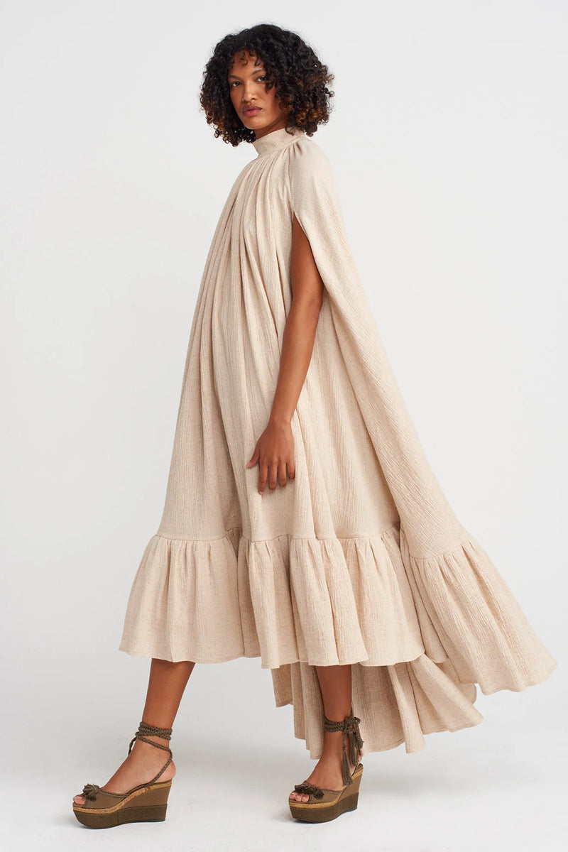NU Sleeveless And Ruffled Long Elegant Crinkle Dress Natural