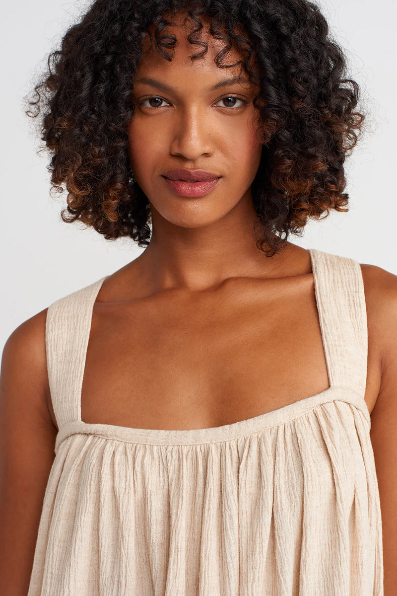 NU Elegant Crinkle Dress With Cape And Ruffles Natural