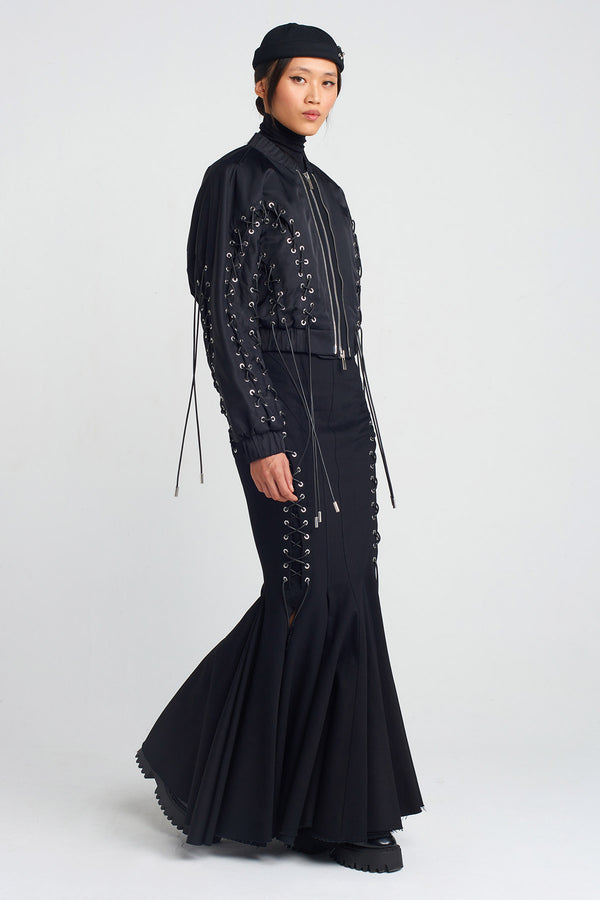 NU Bird-Eye And Lace-Up Detailed Bomber Jacket Black