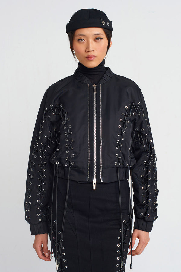 NU Bird-Eye And Lace-Up Detailed Bomber Jacket Black
