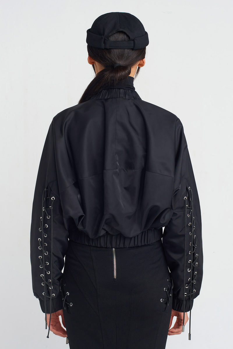 NU Bird-Eye And Lace-Up Detailed Bomber Jacket Black
