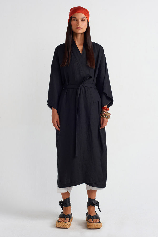 NU Long Linen Kimono Black