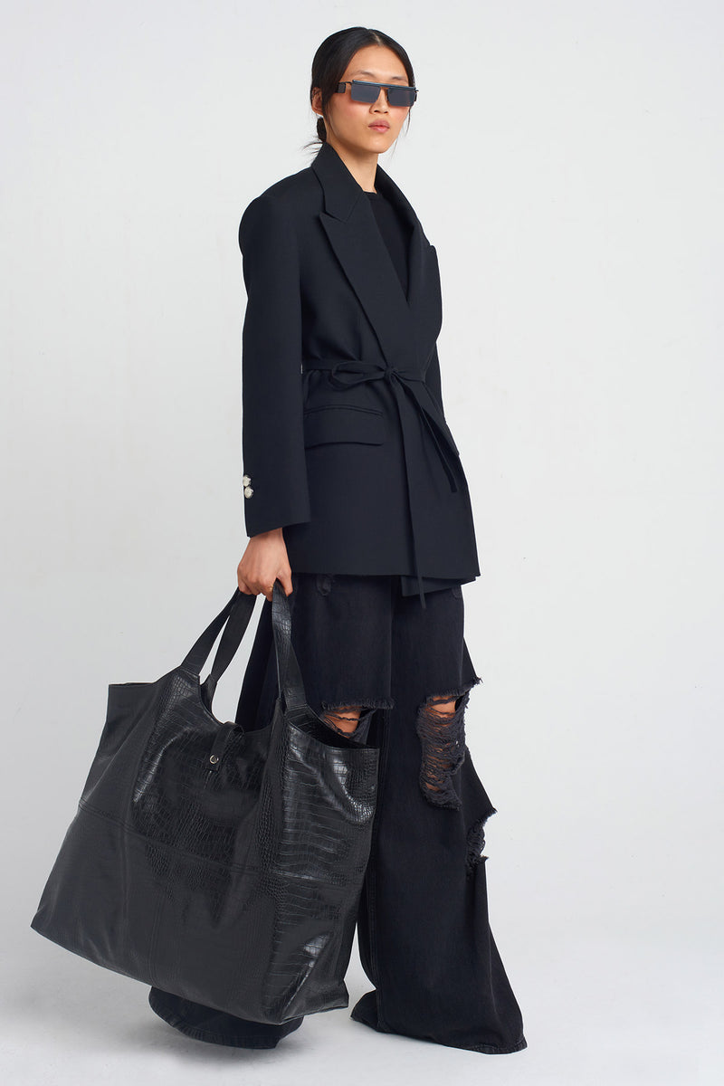 NU Crocodile Leather Shoulder Bag Black