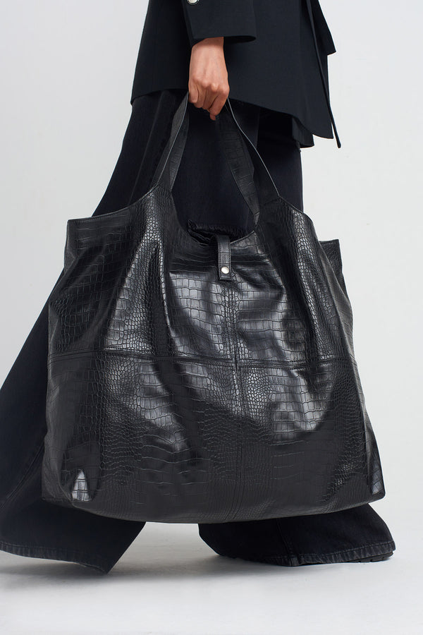 NU Crocodile Leather Shoulder Bag Black