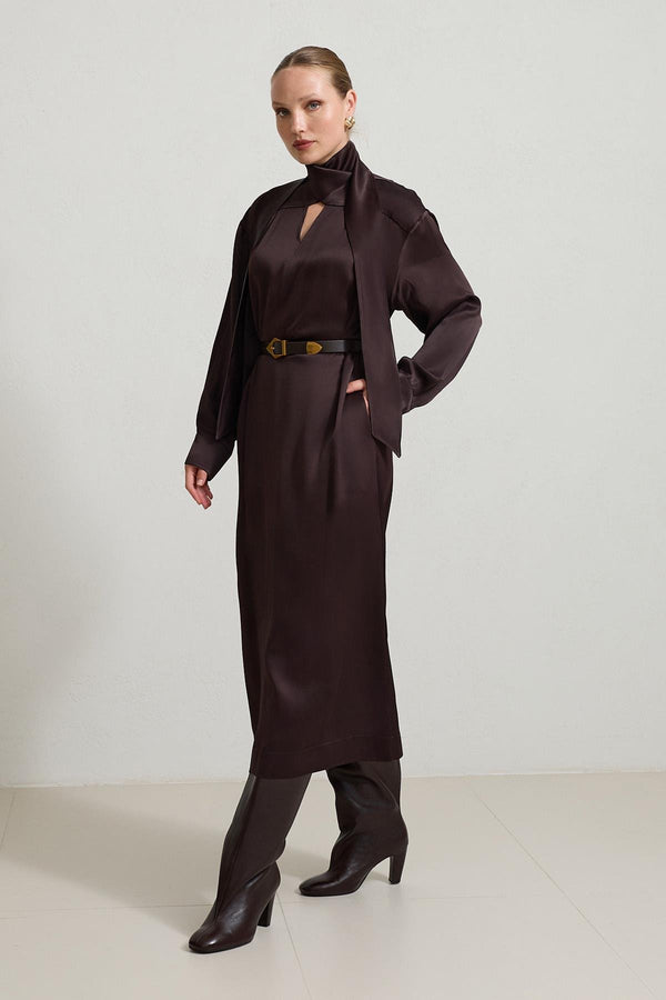 Setre Neck Detailed Waist Belted Dress Burgundy