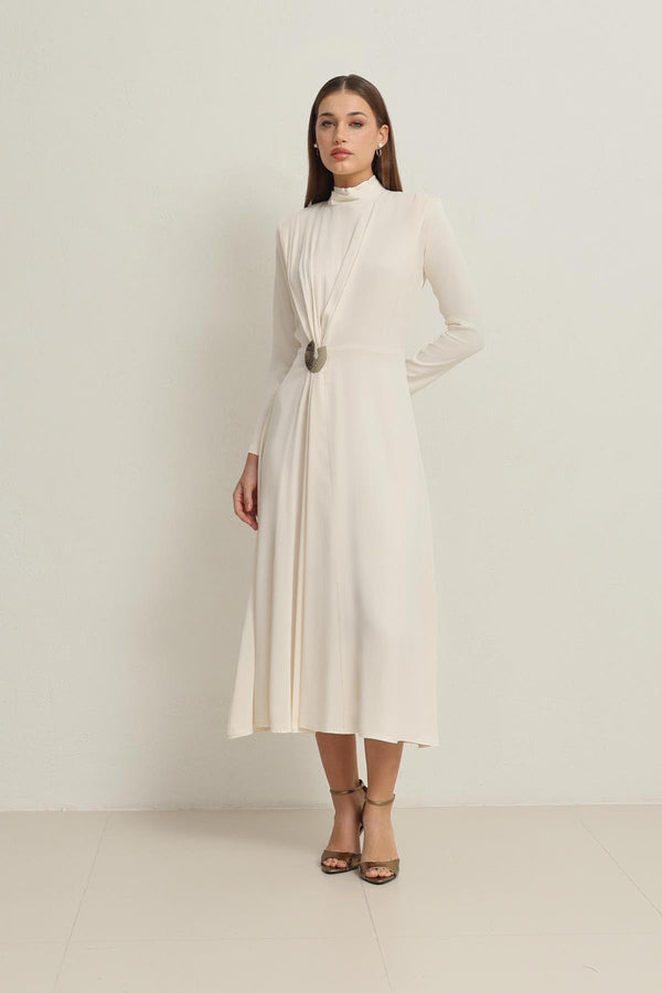 Setre Waist Buckle Detailed Turtleneck Midi Length Dress Cream