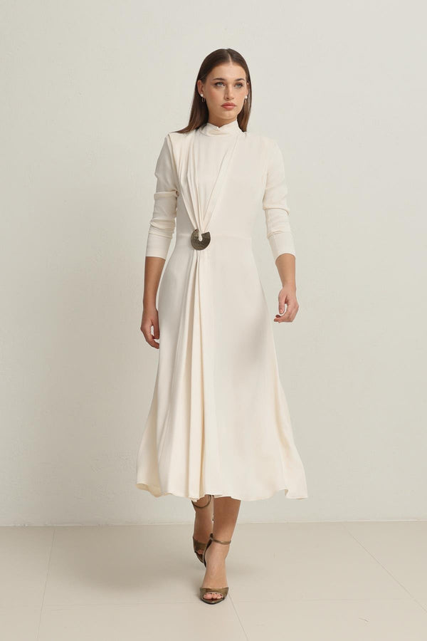 Setre Waist Buckle Detailed Turtleneck Midi Length Dress Cream