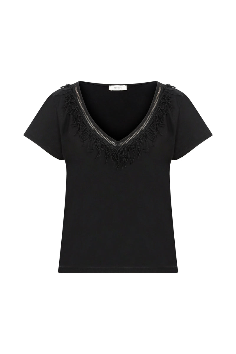 Roman Fringed Detailed T-Shirt Black