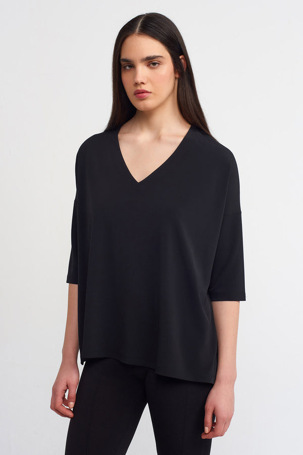 NU V-Neck Solid Blouse Black