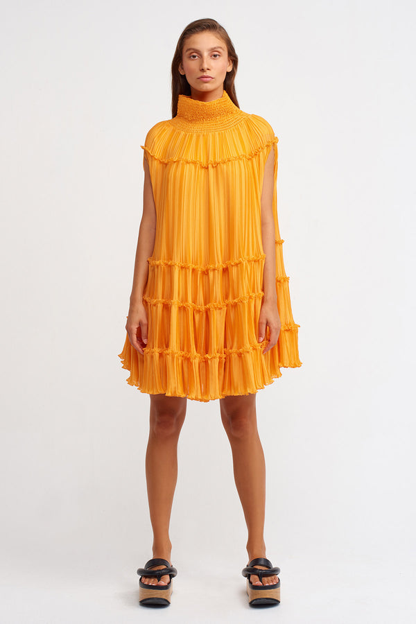 NU High Neck Pleated Tiered Dress Light Orange