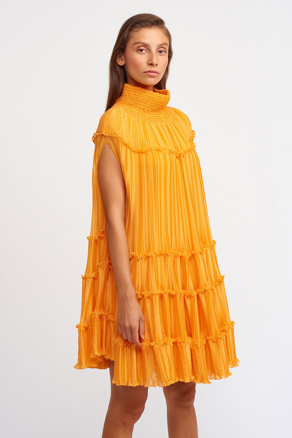 NU High Neck Pleated Tiered Dress Light Orange