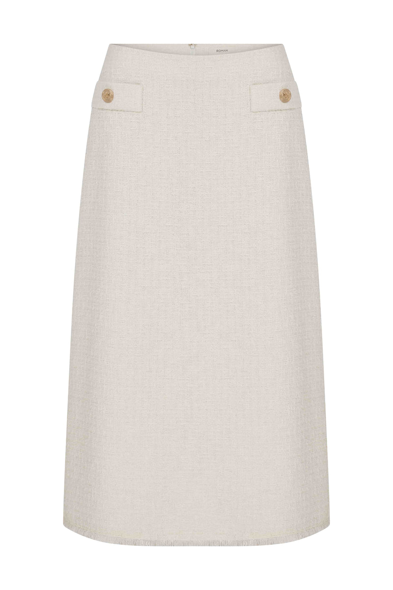 Roman Pocket Detailed Midi Tweed Skirt Off White