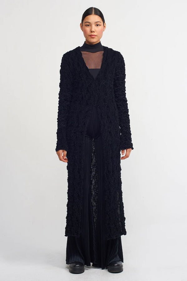 NU Velvet Shirred Detail Long Cardigan Black